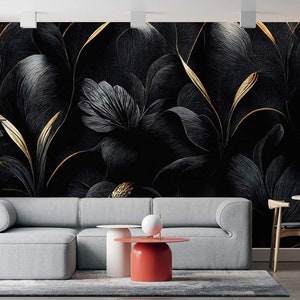 Luxus-Tapete schwarze Blumen mit Goldblättern Klassische Innenwanddekor Dunkle Tapete Moderne Wanddekor Blumenwandbilder