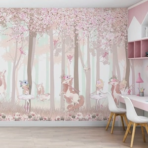 Carta da parati da favola, unicorno, foresta rosa, ragazza, decorazione della camera, foresta magica, fiori, carta da parati per nursery, decorazione da parete, carta da parati fotografica a colori pastello