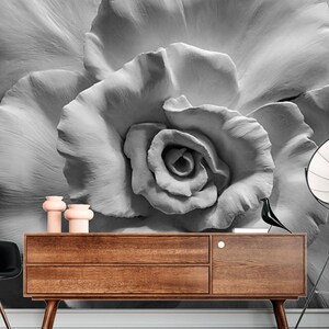 3D Rose Wall Mural: Gray Relief Vinyl Wallpaper