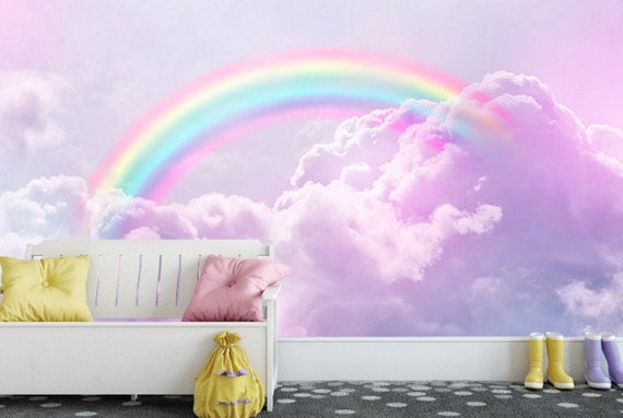 虹の壁紙：ピンクの雲と空の壁画、女の子の赤ちゃんの部屋の装飾