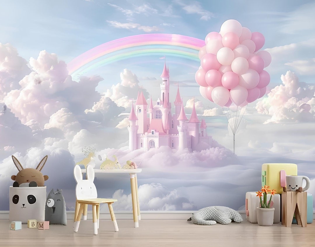 Pink Castle Wallpaper: Rainbow Balloons, Clouds, Girls Room Wall Mural ...