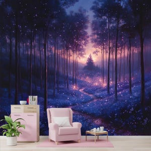 Magical Purple Forest Wallpaper Mystical Woods Fantasy Forest Wall Mural Kids Room Wall Decor Photo Wallpaper Personalized Purple Woodland