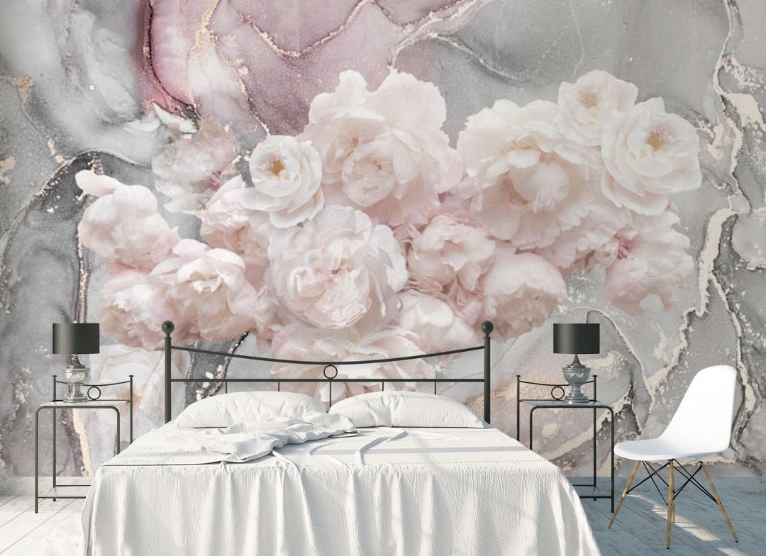 Pink Peonies Wallpaper: Modern Floral Marble Wall Decor - Etsy