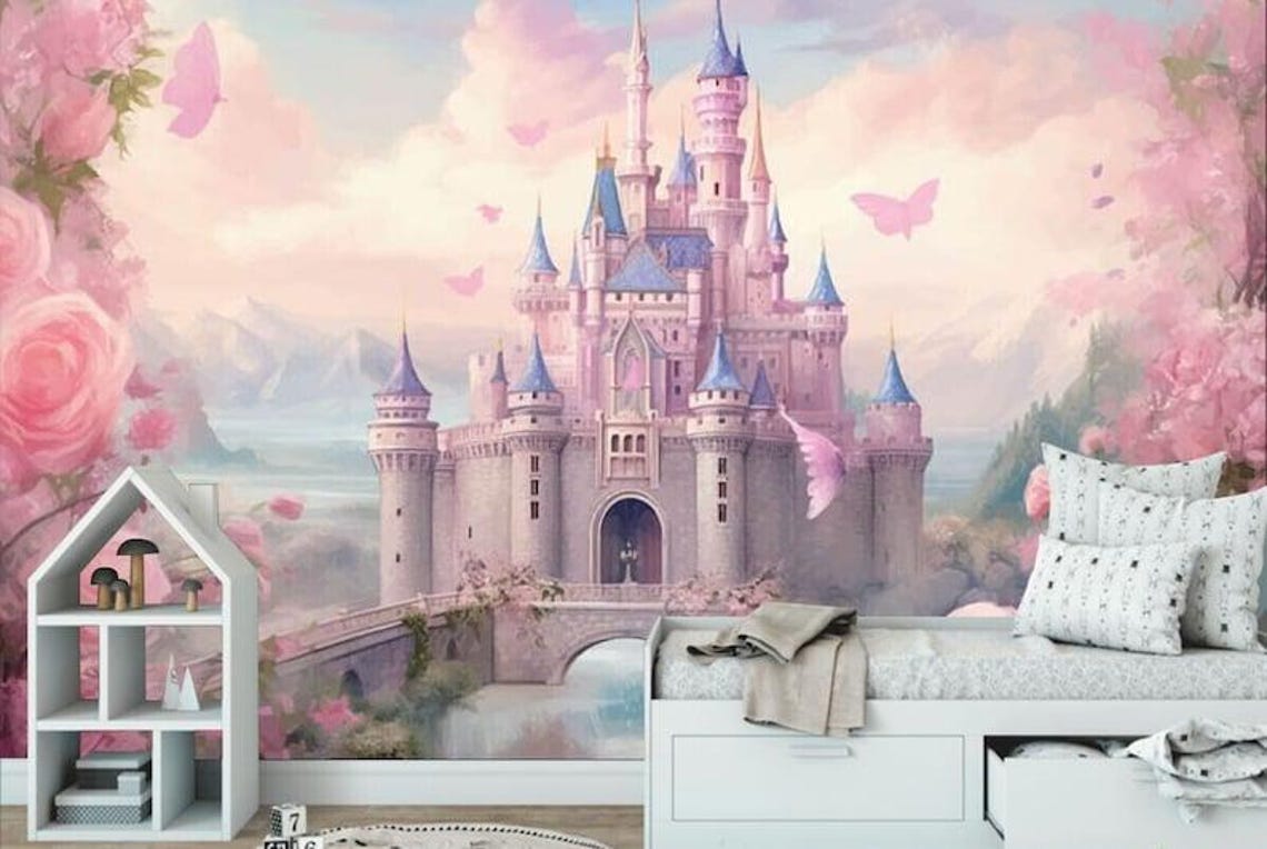 Fairy Tale Princess Castle Wallpaper Mural: Pink Roses Nursery Decor - Etsy
