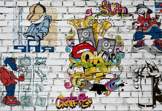 グラフィティレンガ壁画：子供部屋のストリートアート壁紙