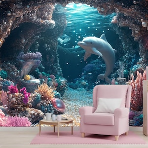 Favoloso mondo sottomarino del mare Coralli di perle Delfino Carta da parati per la stanza dei bambini Fantasy Modern Wall Decor Foto Carta da parati Dimensioni personalizzate