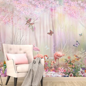 May include: A pink flamingo stands in a whimsical forest scene with pink flowers, butterflies, and birds. The background is a soft pink and white watercolor effect.