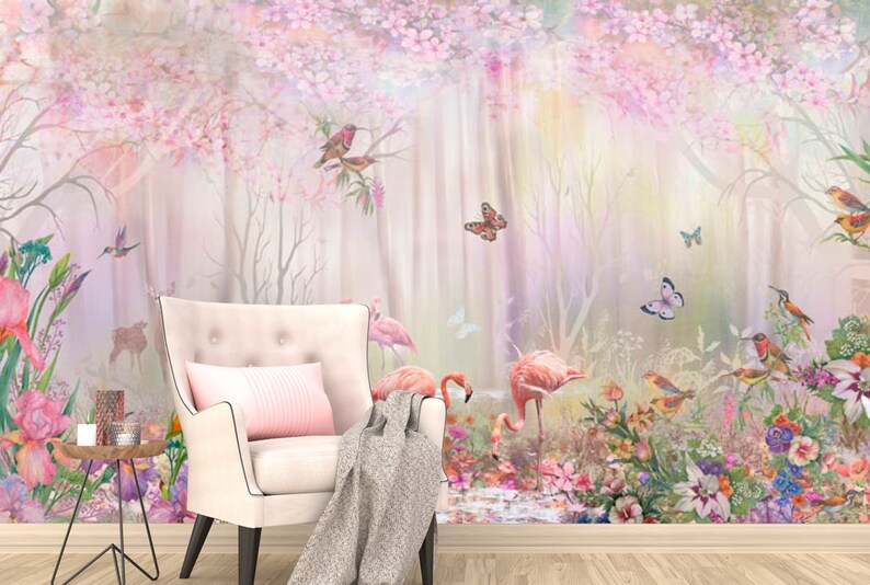May include: A pink flamingo stands in a whimsical forest scene with pink flowers, butterflies, and birds. The background is a soft pink and white watercolor effect.