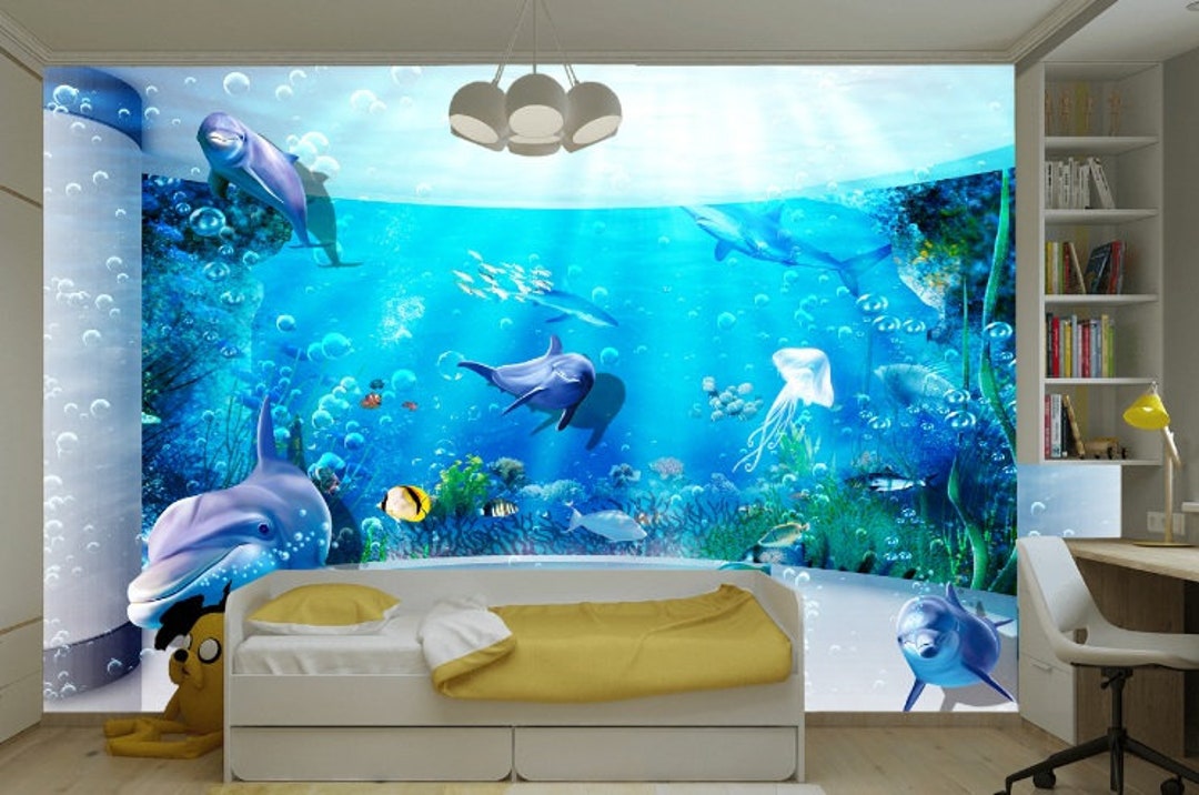 3D Underwater World Dolphins Fish Kids Photo Wallpaper 3D Nursery Wall  Exclusive Design Kids Room Sticker Large Wall Murals Non Toxic 