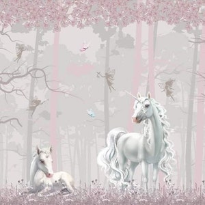 Foresta da favola con fate Unicorni Carta da parati Fiori di prato viola Colori pastello Decorazioni da parete per bambina Carta da parati fotografica Grandi murales