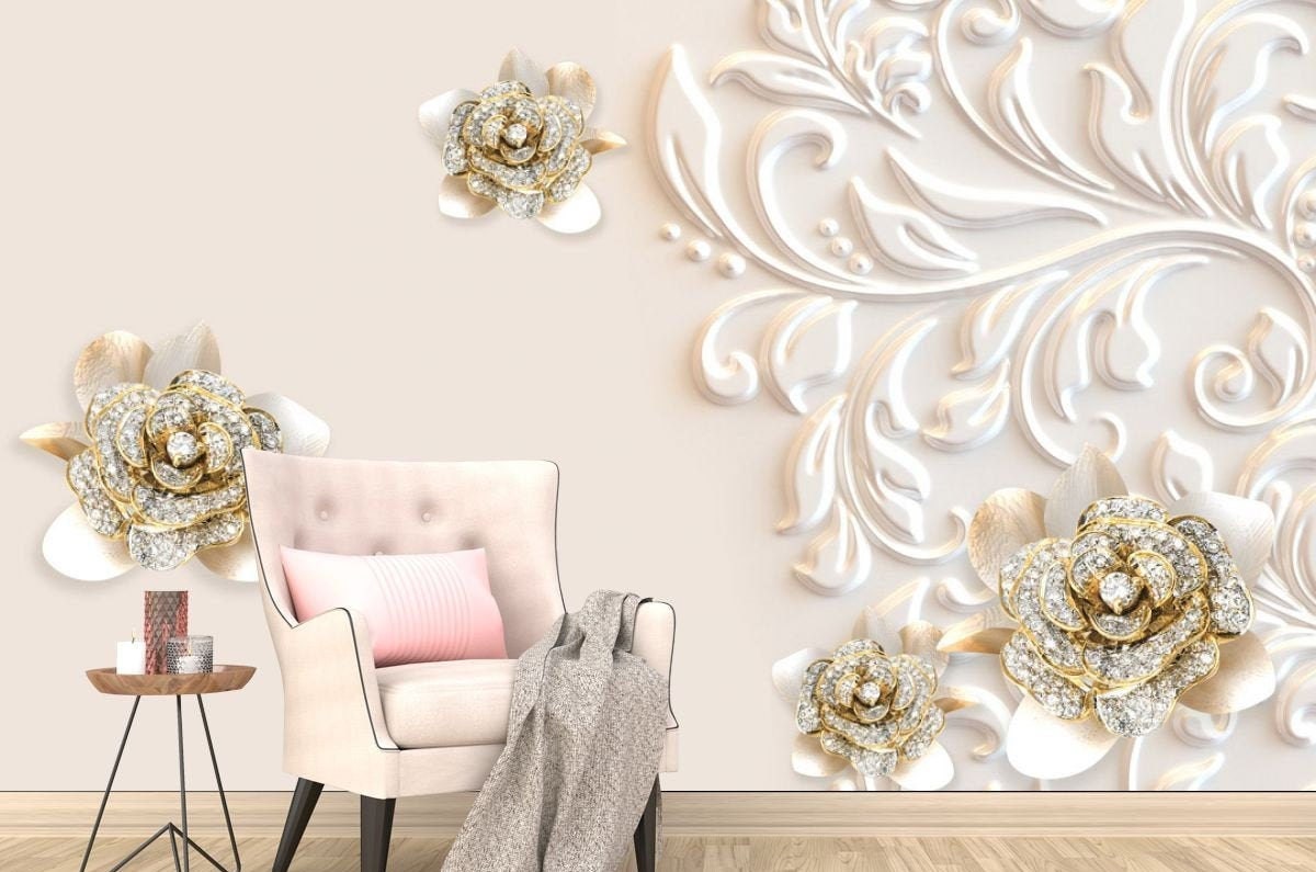 Luxury 3d Wallpaper Golden Flowers Wall Murals Ivory Elegant Etsy Norway