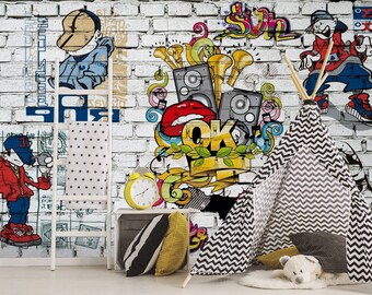 グラフィティレンガ壁画：子供部屋のストリートアート壁紙 - Etsy 日本