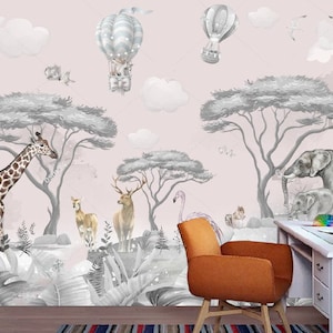 Carta da parati con animali nella foresta tropicale Carta da parati fotografica per camera dei bambini Design Pink Flamingo_Giraffe_Elephant Carta da parati per bambini Palloncini