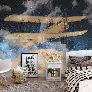 Sparkle Night Sky Wallpaper: Moon, Stars, Airplane Wall Mural