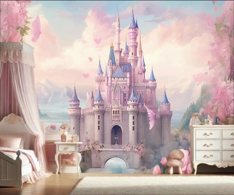 Pink Castle Wallpaper Mural: Girls Fairy Tale Room Decor - Etsy