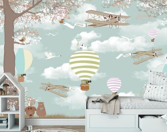 Animals in Air Balloons Wallpaper: Kids Nursery Wall Decor