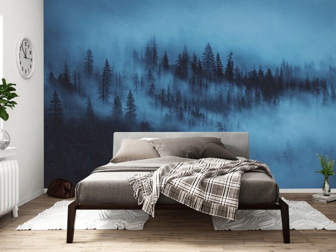 Vinyl Wallpaper Foggy Forest Dark Blue Modern Wall Decor Wall | Etsy
