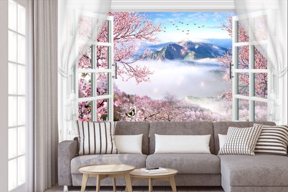Vinilo Decorativo Extraíble De Vista De Montaña Y Río Para Ventana O Pared | Gran Tamaño
