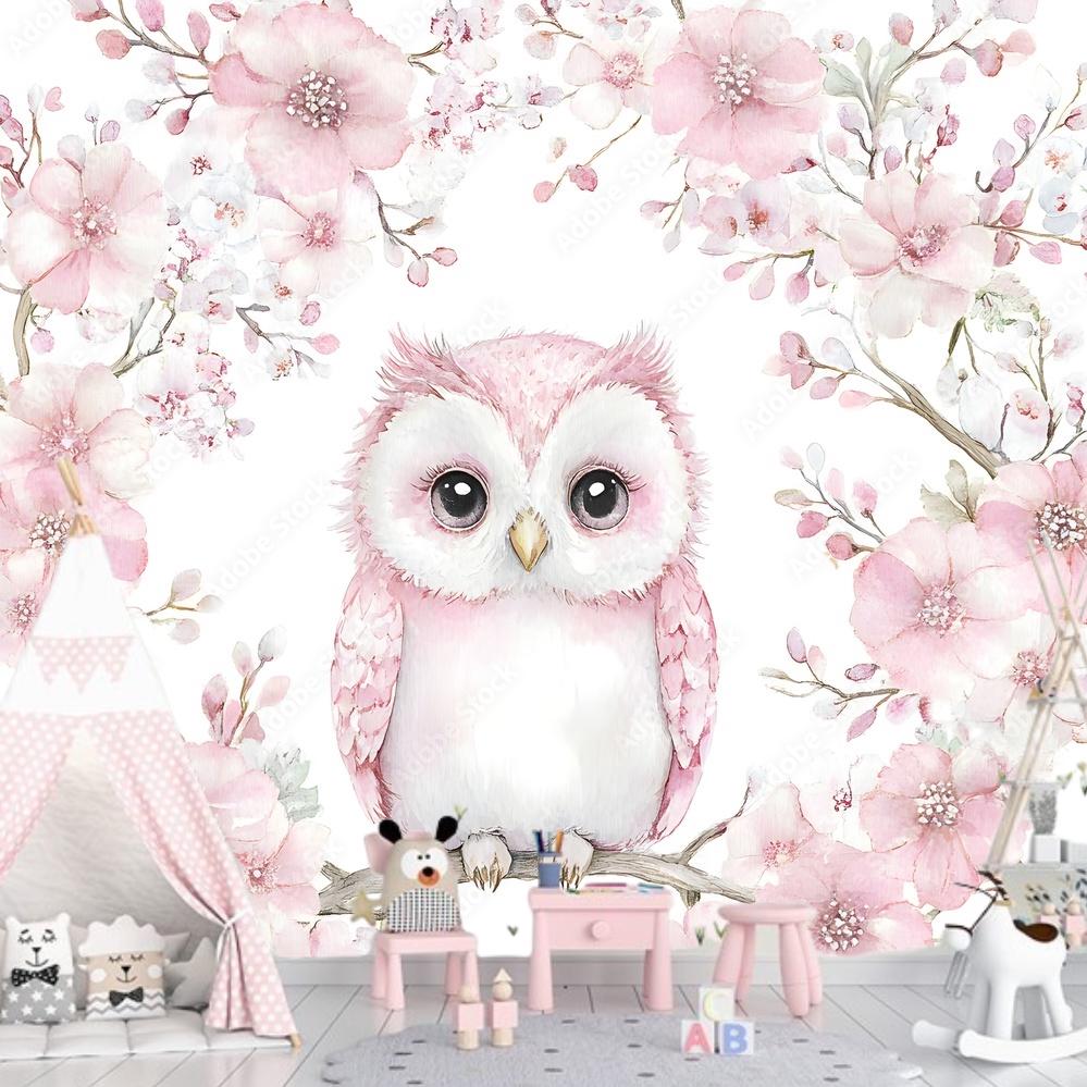 Watercolor Owl Wallpaper Mural: Pink Floral Nursery Decor - Etsy Israel, image size:999x999