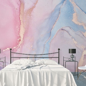 Rosa Blau Gold Marmor Fluid Art Vinyl Tapete: Modernes Wanddekor