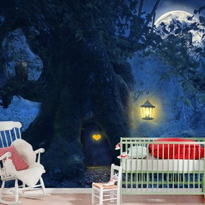 Magic Old Big Tree Kids Wallpaper Fairtale Forest Moon Nursery Wall Decor Vinyl Photo Wallpaper Large Wall Murals