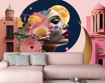 Floral Woman Portrait Wallpaper: Modern Beauty Salon Wall Mural