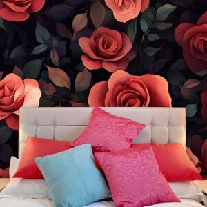 Red Roses Floral Wallpaper Black Background Wall Mural Modern Dark Wall Decor Wallpaper Abstract Flowers Large wall murals Personalization