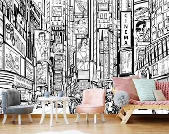 New York Cityscape Vinyl Wallpaper: Black and White Urban Wall Mural