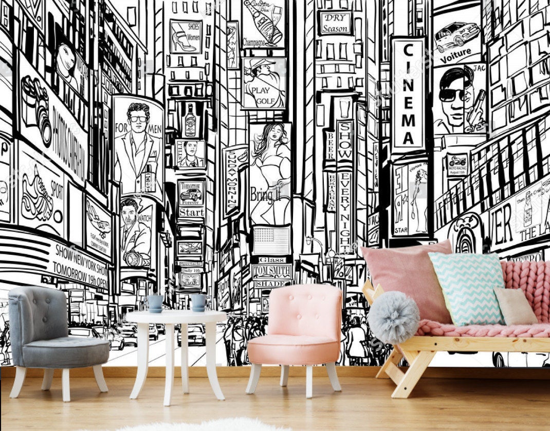 Drawn City New York Black and White Vinyl Wallpaper Modern - Etsy Drawn City New York Black and White Vinyl Wallpaper Modern - Etsy