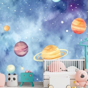 Papel de parede de planetas espaciais em aquarela: mural de parede Sparkle Nursery