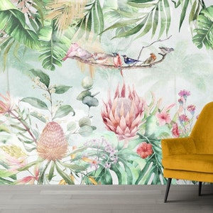 Garten Eden Schöne Tropische Pflanzen Blumen Wallpaper Moderne Wanddekor Palmenblätter Vögel Designer Tapete Große Wand Wandbilder
