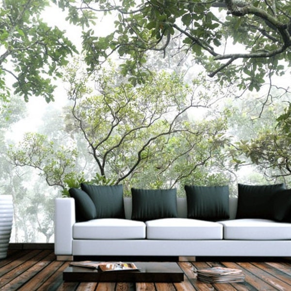 Foggy Forest Wallpaper: Green Leaves, Tree Branches Vinyl Wall Mural