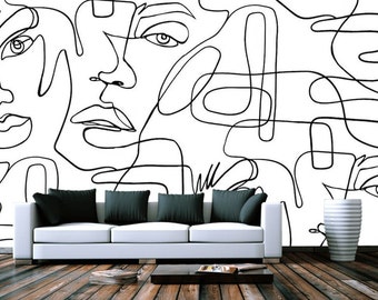 Surreal One Line Abstract Female Faces Wallpaper Modern Wall Decor Black and White Vinyl Photo Wallpaper Large Wall Murals Premium Quality