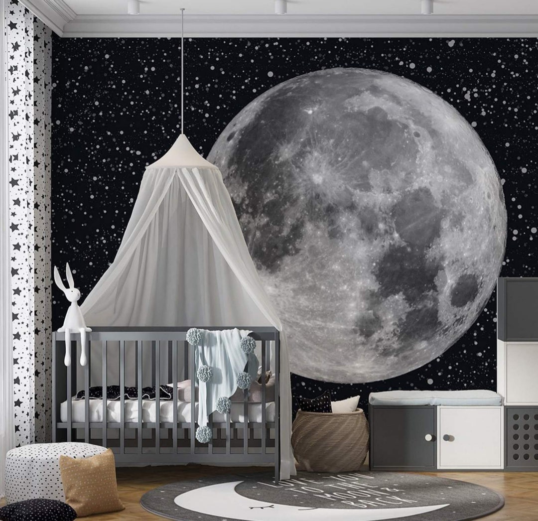 Big Moon Night Sky Black White Wallpaper Modern Wall Decor Kids Room
