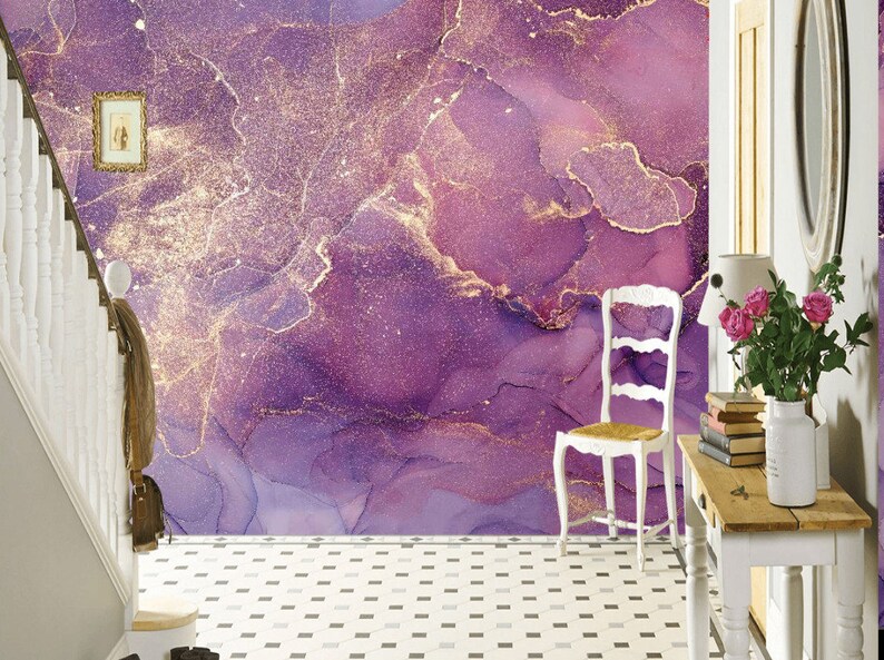 LARGE Purple Gold Pink Marble Wallpaper Sparkles Etsy