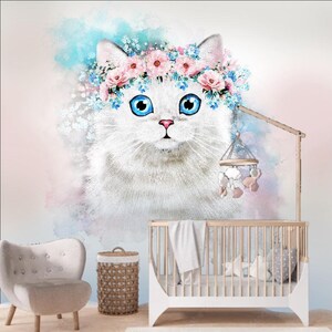 Nette weiße Katze mit blauen Augen Aquarell Tapete für Neugeborenen Raum, kleine Mädchen Foto-Tapete moderne Wand-Dekor-Tier große Wand-Wandbild
