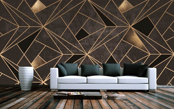 Geometric Abstract Black Gold Wallpaper Modern Wall Decor | Etsy