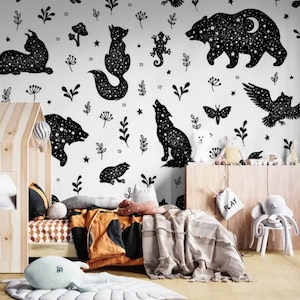 Wald Tapete Wald Tiere schwarz-weiß Wild Natur Fuchs Wolf Bär Kaninchen Kinderzimmer Wanddeko Mond Magie Skandinavisch Abstrakt Wandbilder