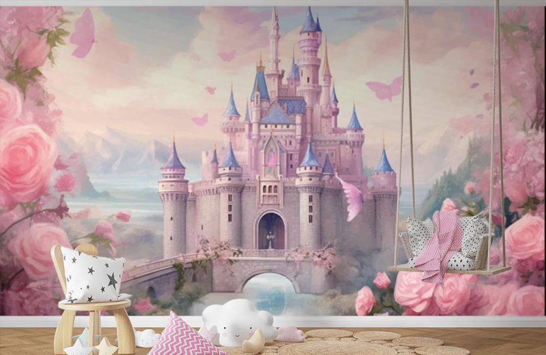 Princess Castle Wallpaper Mural, Pink Pastel Roses, Baby Girl Room
