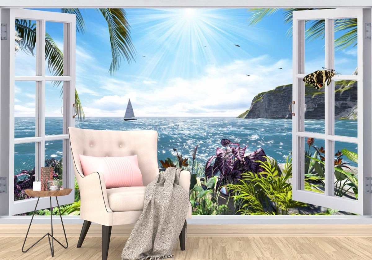 3D Sea View Window Wallpaper: Modern Vinyl Wall Mural