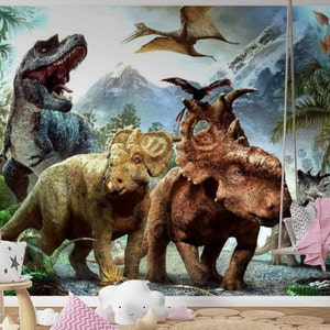 Carta da parati fotografica con dinosauri giurassici per la camera dei bambini Decorazione della parete della stanza dei bambini della foresta selvaggia Decorazioni murali di grandi dimensioni con dinosauri