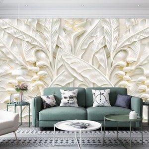 White Tropical Leaves 3D Vinyl Wallpaper: Modern Wall Decor