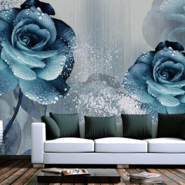 Creative 3D Watercolor Blue Roses Wallpaper Modern Wall Decor Living Room Bedroom Vinyl Photo Wallpaper Sparkles Large Wall Murals