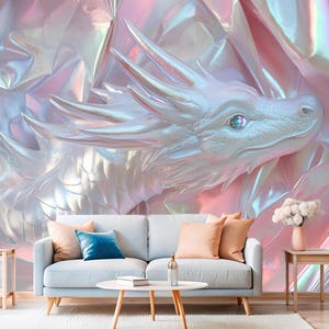 White Fantasy Dragon Pink Backdrop Wallpaper Wall Mural for Girls Room Magical Creature Nursery Decor Sparkles Large Wall Mural Custuom Size