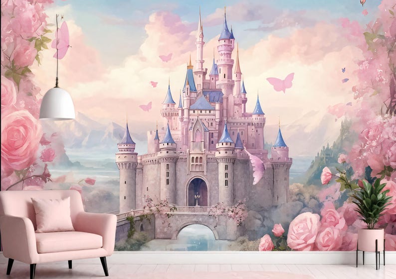 Turret And Roses Princess Castle Wallpaper Mural: Pink Pastel Nursery Decor - Etsy