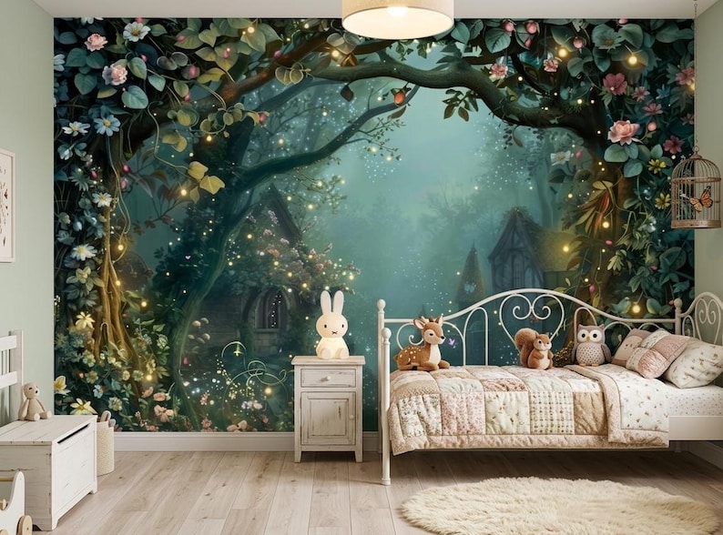 Fairy Tale Forest Wall Mural, Enchanted Houses Wallpaper, Kids Room ...