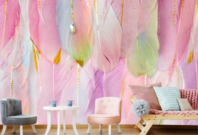 Pink Purple Feather Wallpaper Nursery Wall Decor Colorful Etsy