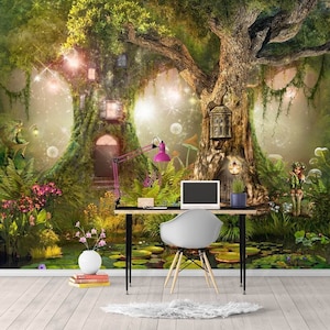 LARGE Magic Forest Kids Wallpaper Nursery Wall Decor Fairies Magic Trees Green Forest Photo Wallpaper Large Wall Murals