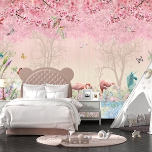140 "W kh 107"H Fairytale Pink Flamingo Einhorn Floral Kinderzimmer Vinyl-Foto-Tapete Moderne Wand-Dekor Zauberwald Große Wand Wandbilder