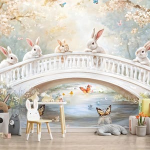 Fairy Tale Wallpaper for Kids' Room with Bunnies and Magic Pastel Forest Modern Wall Decor Nursery Soft Photo Wallpaper Large Wall Mural